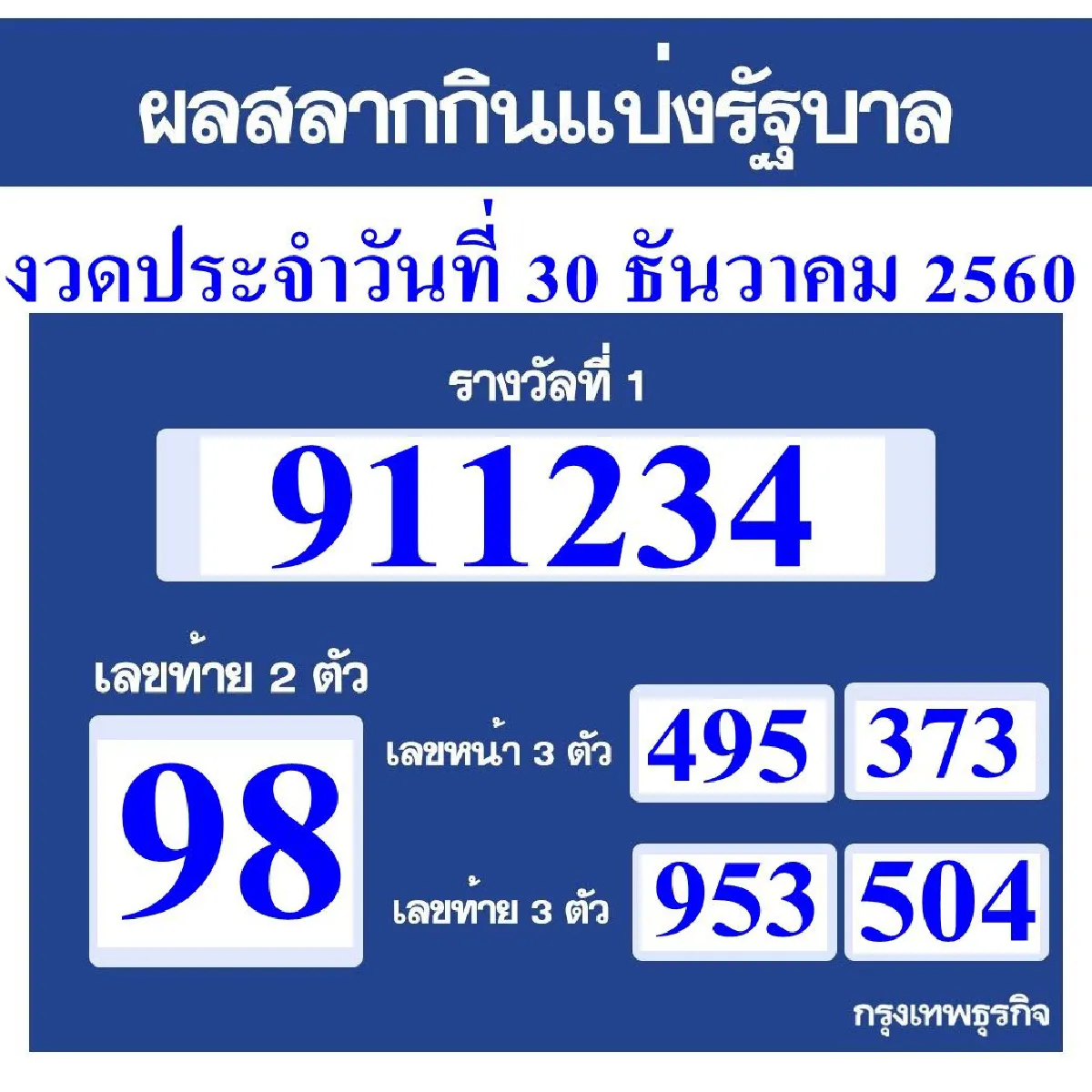 ผลสลากกินแบ่งรัฐบาล งวด 30 ธ.ค. 60