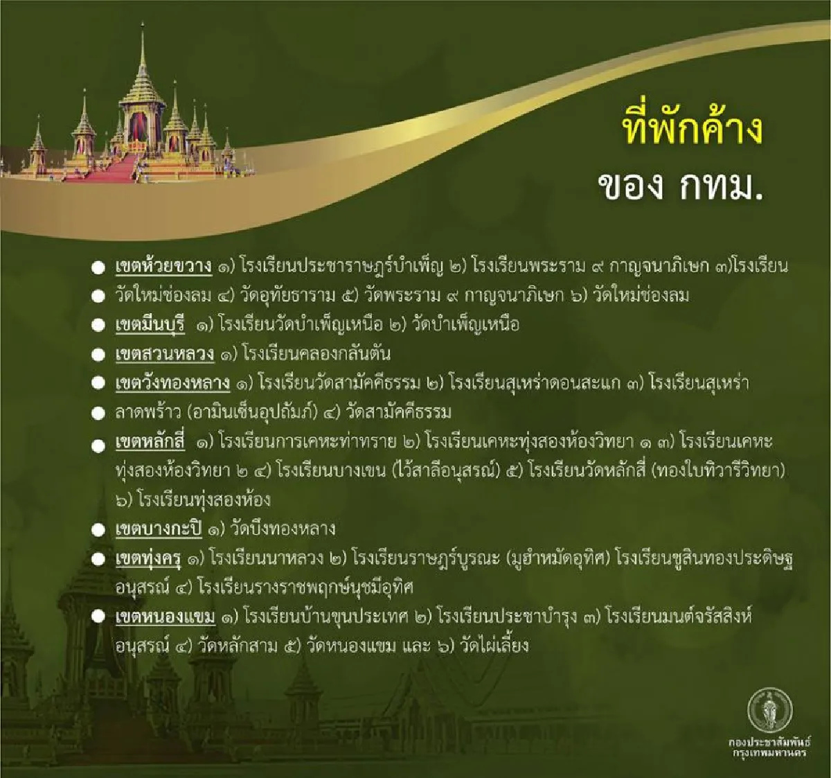 เปิดรายชื่อที่พักค้างคืนฟรีช่วงงานพระราชพิธีฯ
