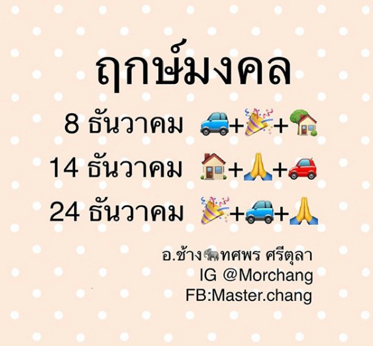 'หมอช้าง' เปิดฤกษ์มงคลเดือนธันวาคม