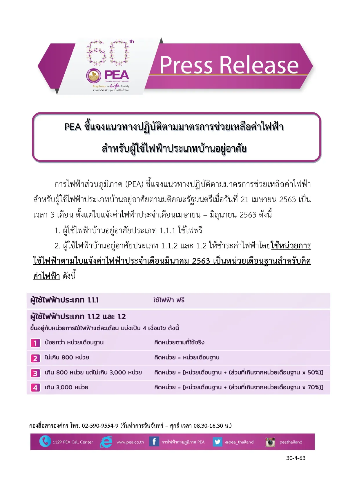 PEA ชี้แจงแนวทางปฏิบัติตามมาตรการช่วยเหลือค่าไฟฟ้า สำหรับผู้ใช้ไฟฟ้าประเภทบ้านอยู่อาศัย