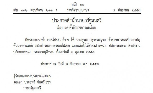 โปรดเกล้าฯ 'สุวณา สุวรรณจูฑะ' เป็นปลัดกระทรวงยุติธรรม