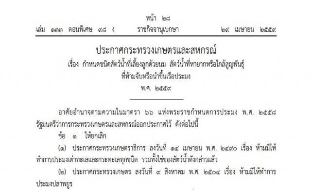 ประกาศราชกิจจาฯ ห้ามจับ '13สัตว์น้ำ' และนําขึ้นเรือประมง
