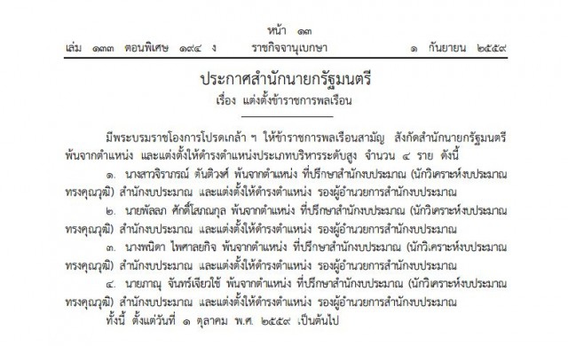 โปรดเกล้าฯ '4รองผอ.' สํานักงบประมาณ 