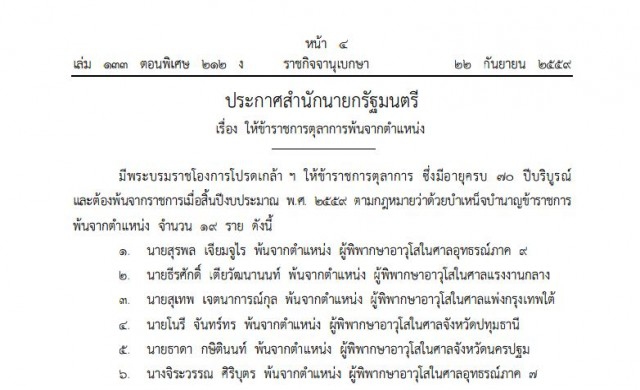 โปรดเกล้าฯ '19ผู้พิพากษาอาวุโส' พ้นจากตําแหน่ง