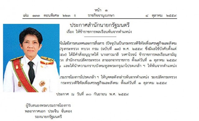 โปรดเกล้าฯ 'มาลี วงศาโรจน์' พ้นรองปลัดกระทรวงดิจิทัลฯ