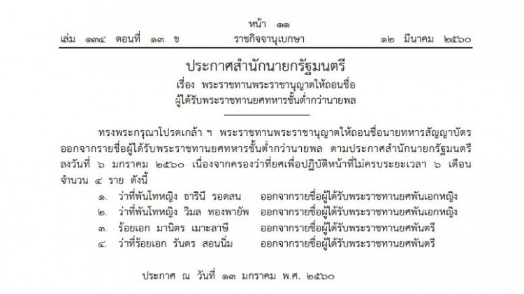 พระราชานุญาตให้ถอนชื่อ4นายทหาร ได้รับยศชั้นต่ำกว่านายพล