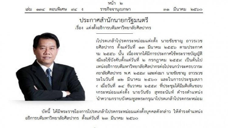 โปรดเกล้าฯ'วันชัย สุทธะนันท์'เป็นอธิการบดีมหาวิทยาลัยศิลปากร