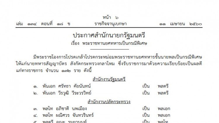 โปรดเกล้าฯ เลื่อนยศทหาร '172นายพล' เป็นกรณีพิเศษ