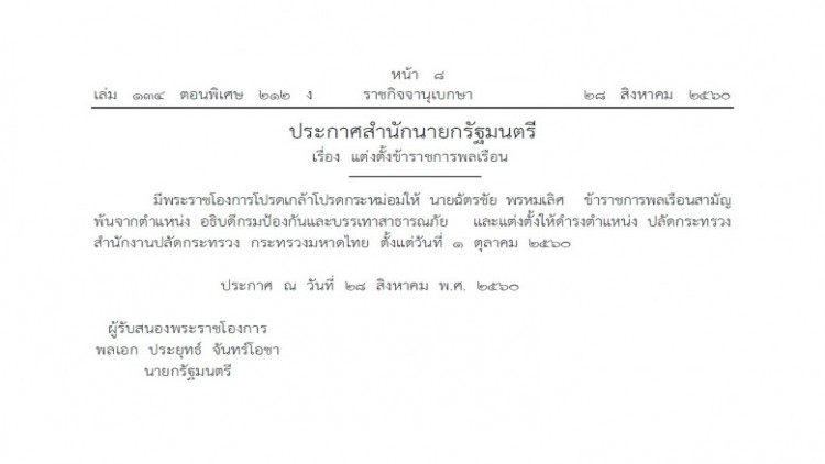 โปรดเกล้าฯ ‘ฉัตรชัย พรหมเลิศ’ ปลัดมหาดไทย