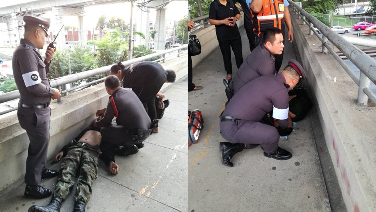 คลิปนาทีชีวิต 'ตำรวจช่วยชีวิตทหาร' บนสะพานลอยดอนเมือง