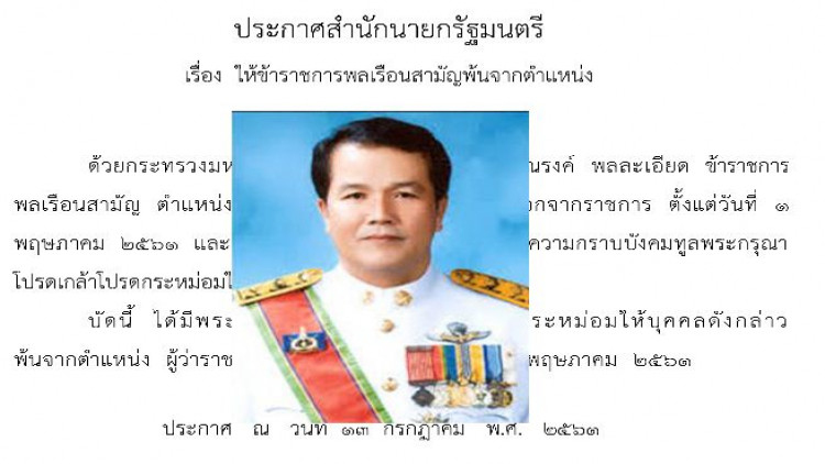 โปรดเกล้าฯ 'ณรงค์ พลละเอียด' พ้นจากตำแหน่ง ผู้ว่าฯชุมพร 