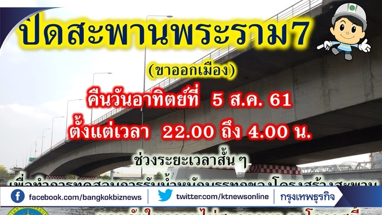 แจ้งปิดสะพานพระราม7คืนนี้ ตั้งแต่4ทุ่มถึงตี4