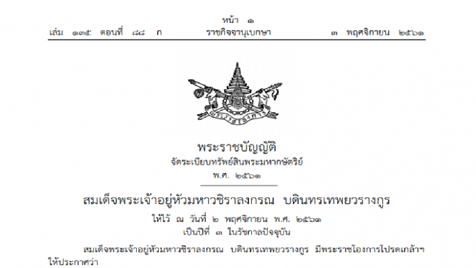 ประกาศราชกิจจาฯ 'พรบ.จัดระเบียบทรัพย์สินพระมหากษัตริย์ พ.ศ.2561'