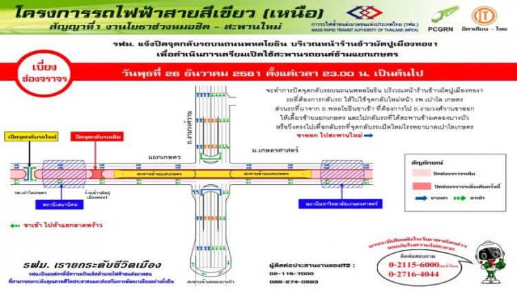 รฟม.ปิดจุดกลับรถ ถ.พหลโยธิน สร้างทางวิ่งรถไฟฟ้าสีเขียว