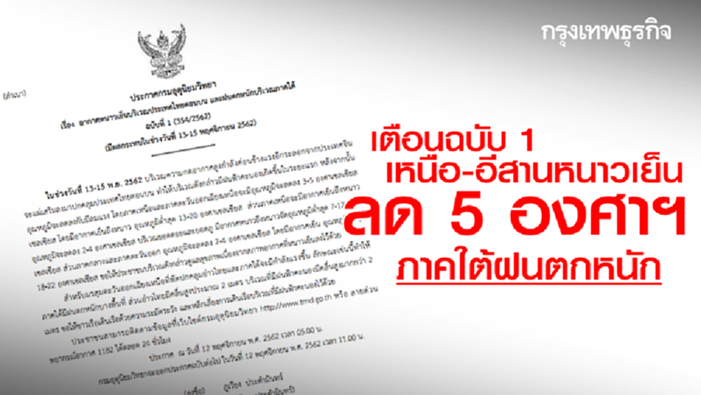 เตือนฉบับ 1 เหนือ-อีสานหนาวเย็นลด 5 องศาฯ ภาคใต้ฝนตกหนัก