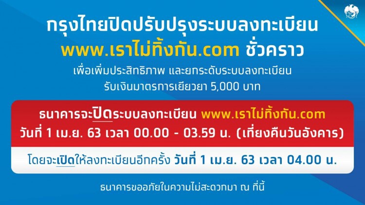 กรุงไทย แจ้งปิดระบบ ‘เราไม่ทิ้งกัน’ ชั่วคราว วันที่ 1เม.ย. เวลา 00.00-03.59น.