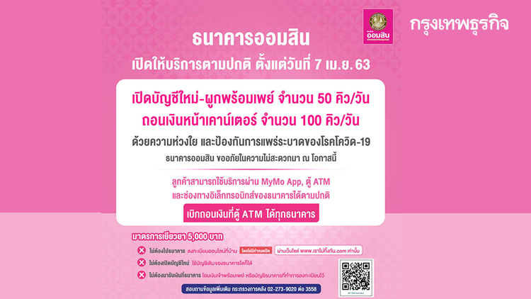 ออมสิน เปิดปกติพรุ่งนี้ ยังจำกัดผู้ใช้บริการต่อวัน ป้องกันโควิด-19