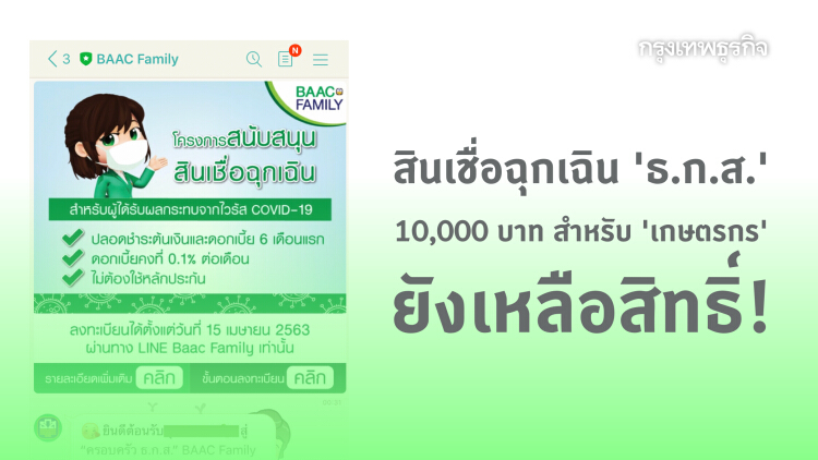 สินเชื่อฉุกเฉิน 'เกษตรกร' จาก 'ธ.ก.ส.' 10,000 บาท ยังเหลือสิทธิ์! ขอกู้ได้ถึง 30 ธ.ค. 63