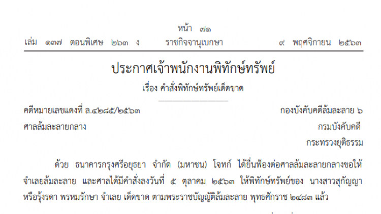 คําสั่งพิทักษ์ทรัพย์เด็ดขาด 'สุกัญญา พรหมรักษา' ล้มละลาย