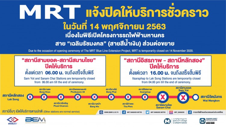 รฟม.แจ้งปิดให้บริการรถไฟฟ้าสายสีน้ำเงินชั่วคราว 14 พ.ย.นี้ 