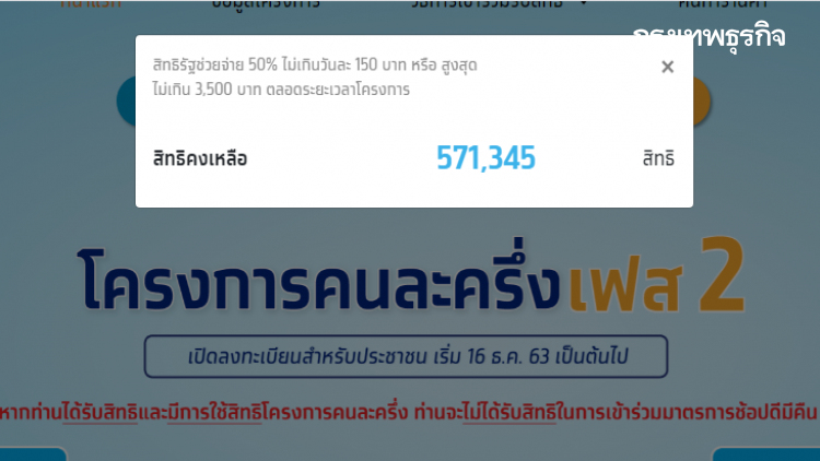 'คนละครึ่งเฟส2' ลงทะเบียนใกล้เต็มแล้ว ล่าสุด 5 แสนสิทธิสุดท้าย ก่อน 8 โมงเช้า