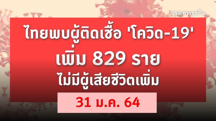 ยอด 'โควิด-19' วันนี้ ไทยพบผู้ติดเชื้อเพิ่ม 829 ราย ไม่มีผู้เสียชีวิตเพิ่ม