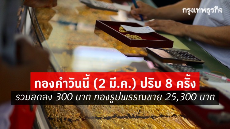 'ราคาทอง' วันนี้ (2 มี.ค) ล่าสุดปรับ 8 ครั้ง รวมลดลง 300 บาท ราคาทองรูปพรรณขาย 25,300