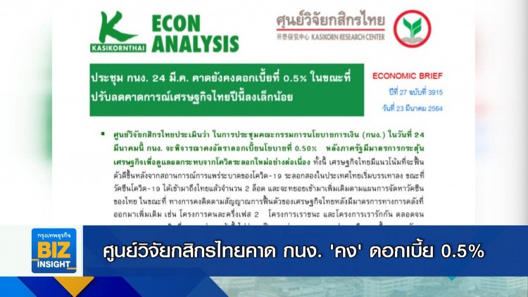 ศูนย์วิจัยกสิกรไทยคาด กนง. 'คง' ดอกเบี้ย 0.5%