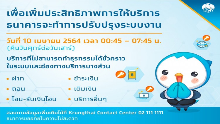กรุงไทย ปิดแอปฯ ‘เป๋าตัง’ เสาร์ที่ 10เม.ย.นี้ เวลา 00.45-07.45 น.