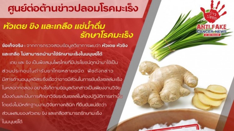 เตือนข่าวปลอม หัวเตย ขิง และเกลือ แช่น้ำดื่มรักษาโรคมะเร็ง