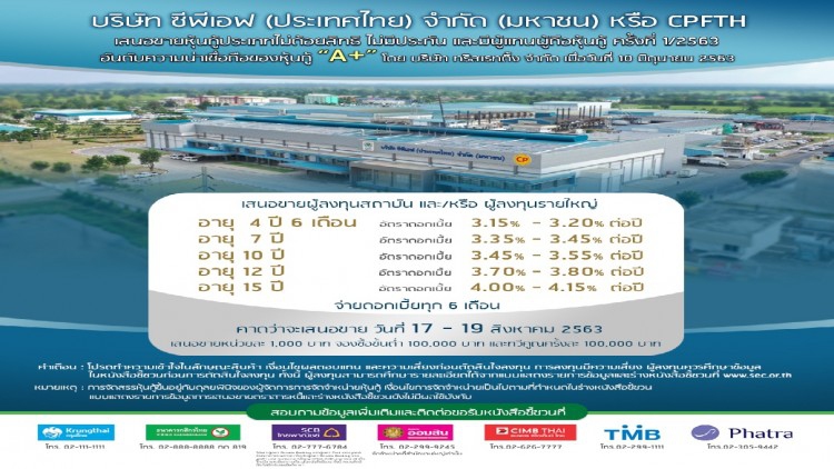 ซีพีเอฟ (ประเทศไทย) เคาะดอกเบี้ยหุ้นกู้ 5 รุ่นระหว่าง 3.15% - 4.15%