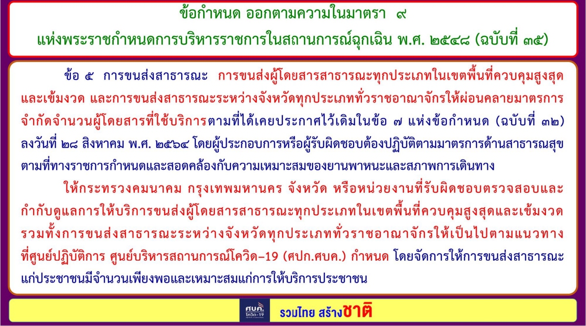 สรุป 8 ข้อกำหนด "ปรับมาตรการ" จาก ศบค. บังคับใช้ 16 ต.ค. 64