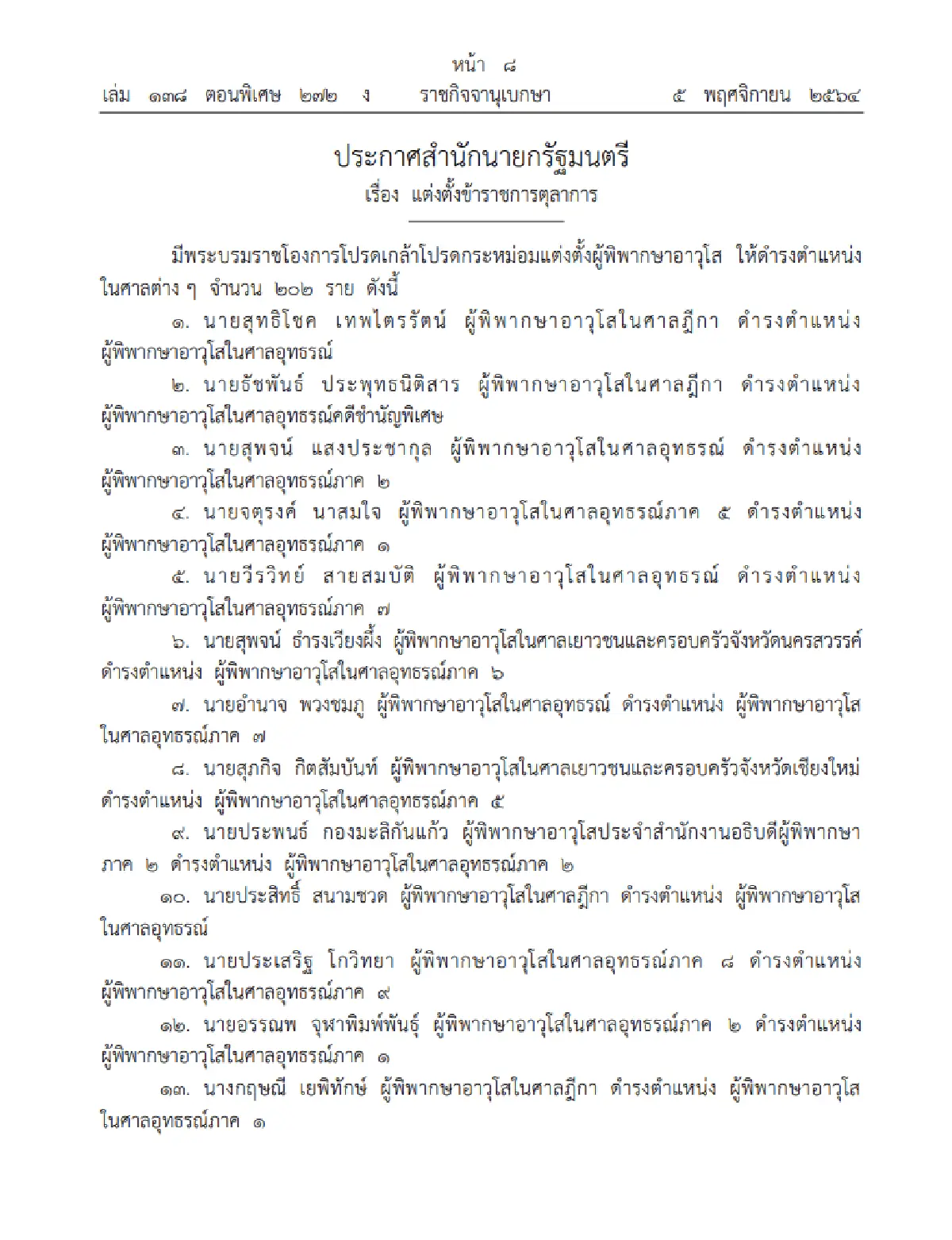 โปรดเกล้าฯ แต่งตั้งผู้พิพากษาอาวุโส ให้ดำรงตำแหน่งในศาลต่างๆ 202 ราย