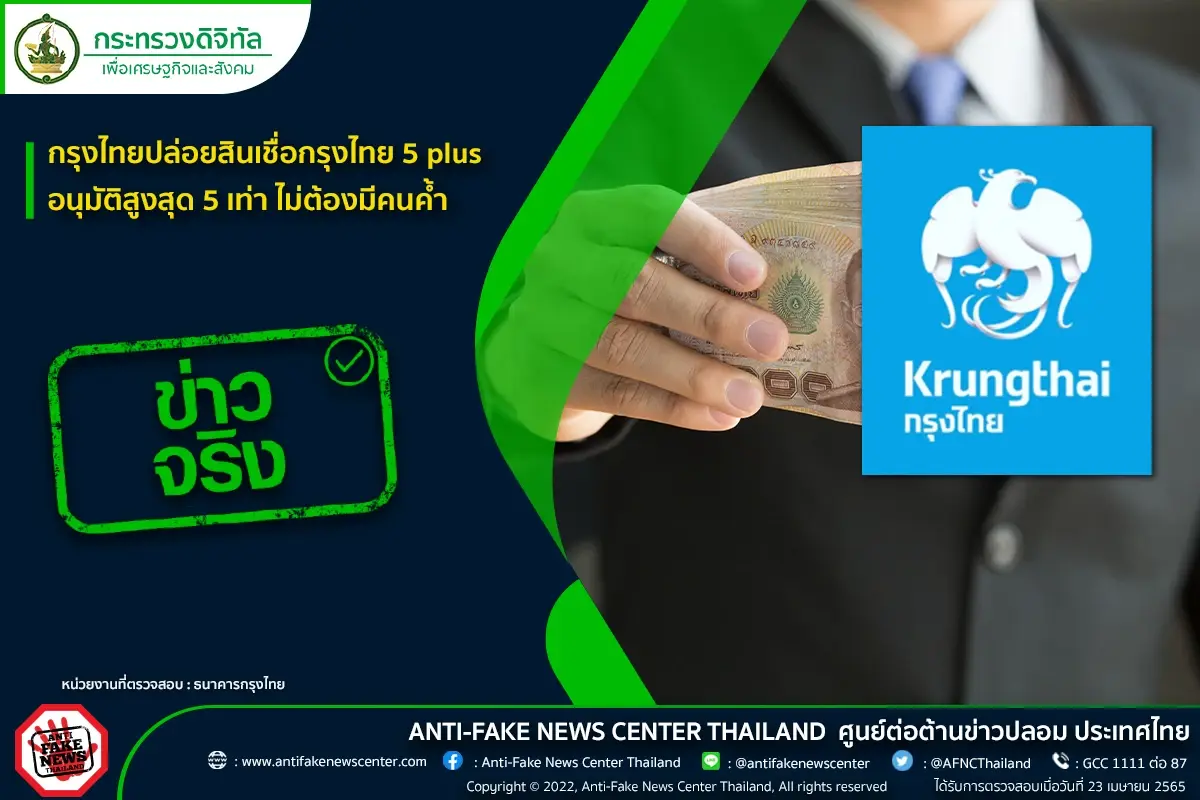 "กรุงไทย" ปล่อยสินเชื่อกรุงไทย 5 plus สูงสุด 5 เท่า ไม่ต้องมีคนค้ำ เช็กเลย!
