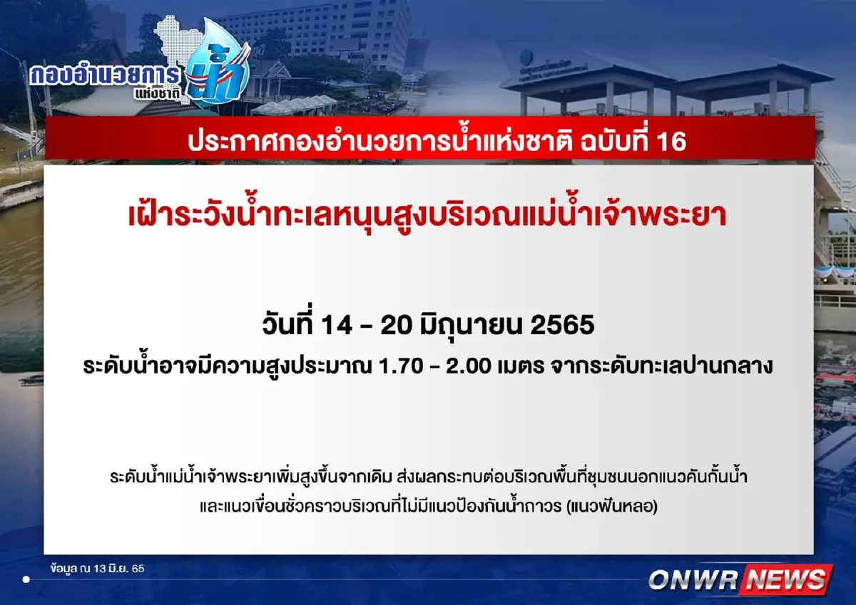 14-20 มิ.ย. 65 เฝ้าระวังน้ำทะเลหนุนสูง บริเวณแม่น้ำเจ้าพระยา