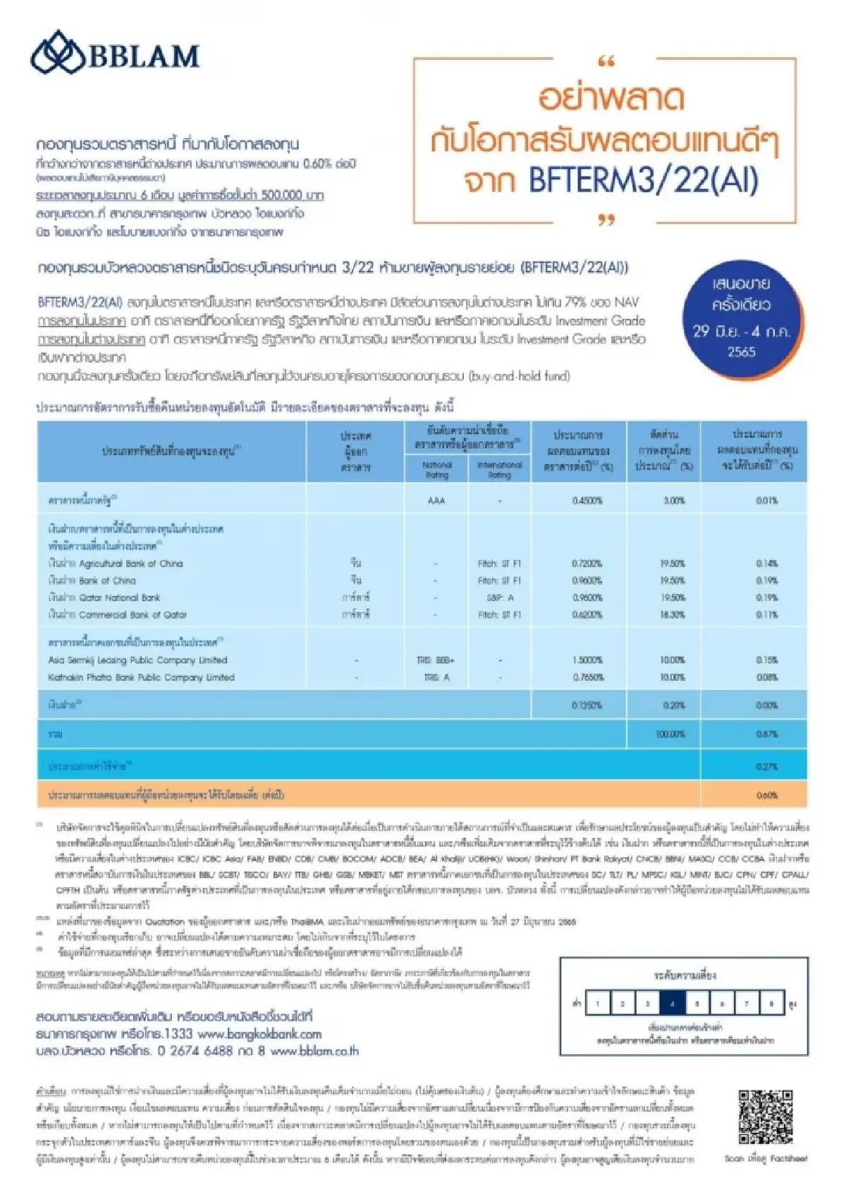 บลจ.บัวหลวง เสนอขาย IPO “BFTERM 3/22(AI)” วันที่ 29 มิ.ย. – 4 ก.ค.นี้