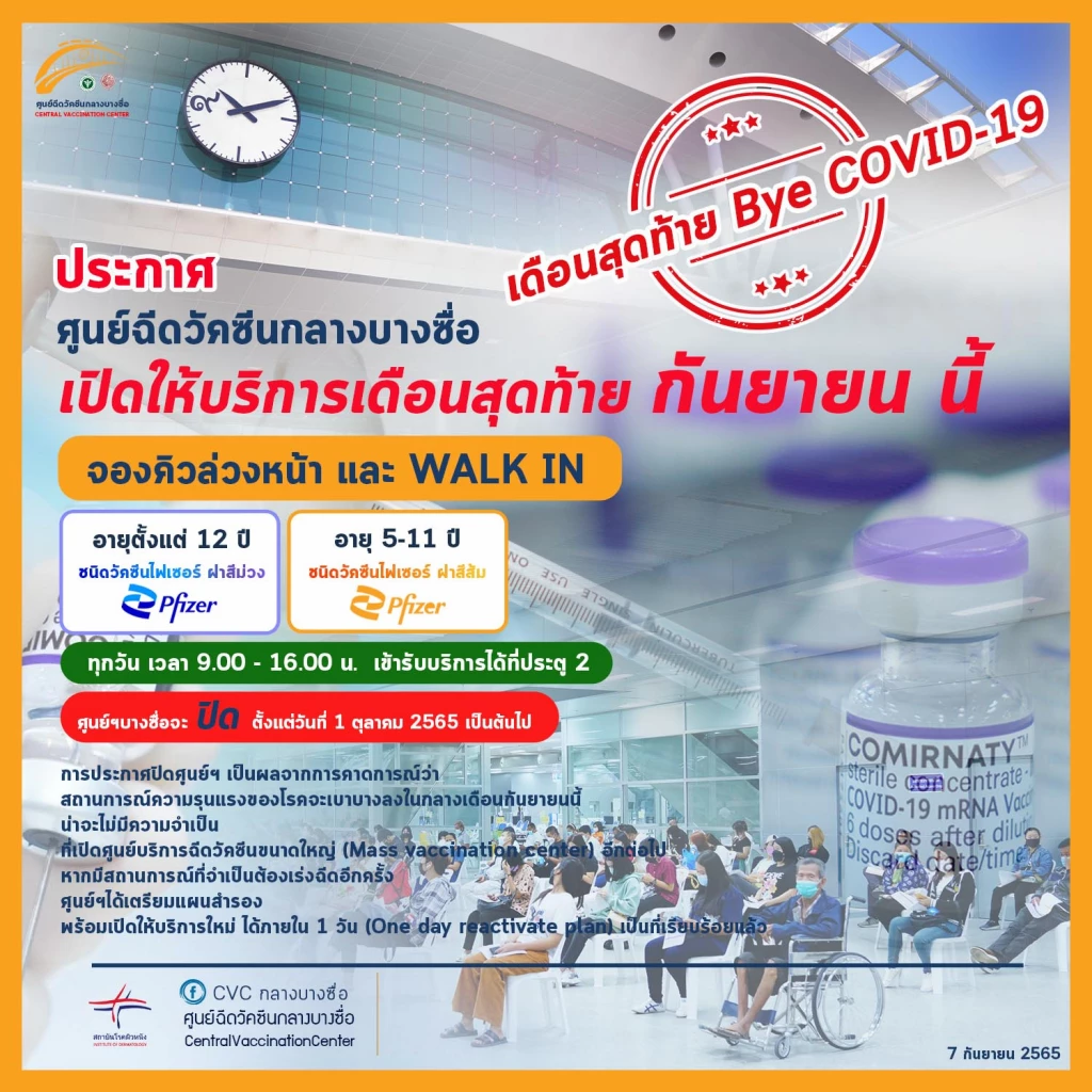 "ศูนย์ฉีดวัคซีนกลางบางซื่อ" อัปเดต ประกาศปิดให้บริการฉีดวัคซีนโควิด-19