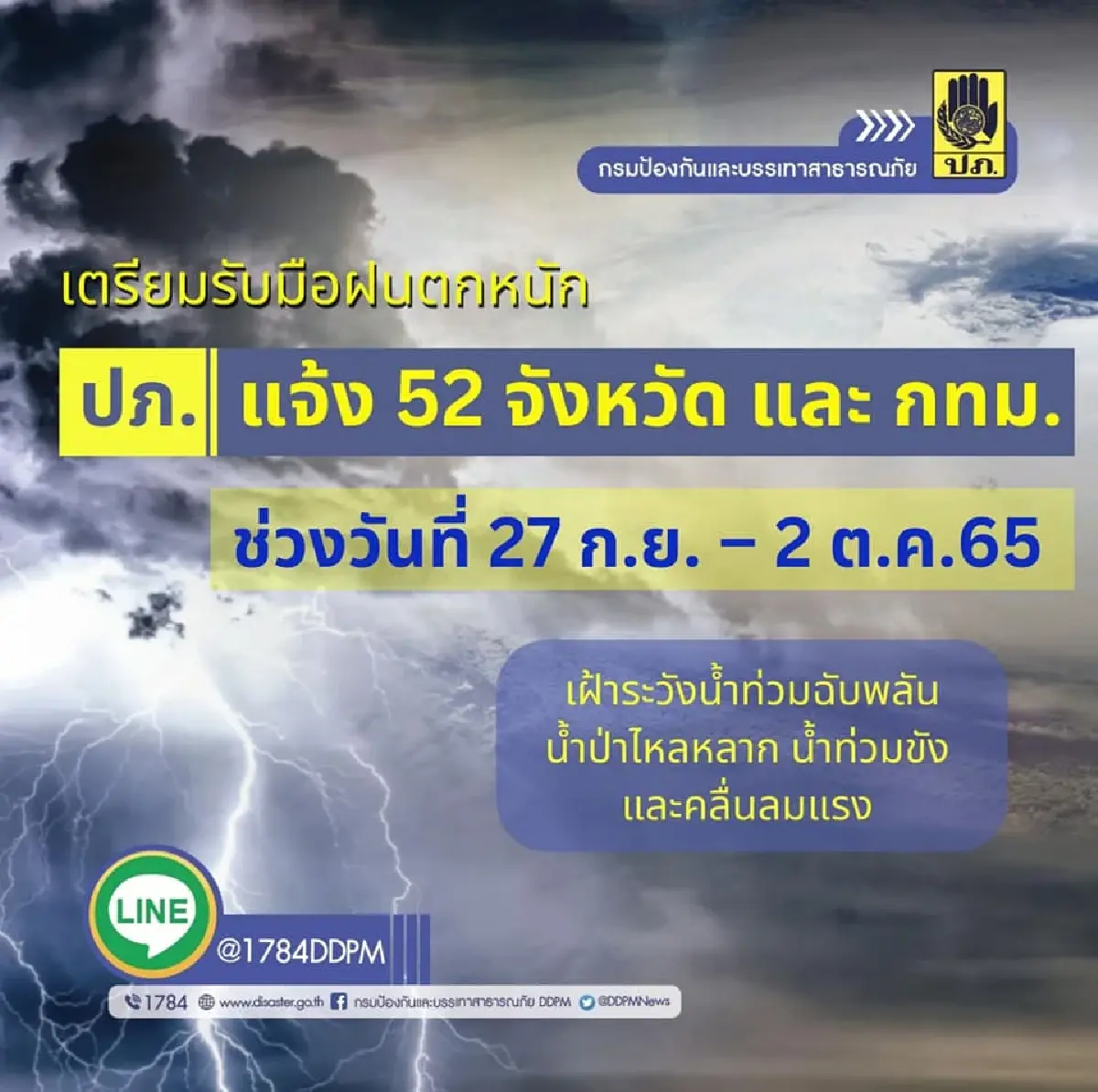 ปภ. แจ้ง 52 จังหวัด และกรุงเทพฯ เฝ้าระวังน้ำท่วมฉับพลัน น้ำป่าไหลหลาก