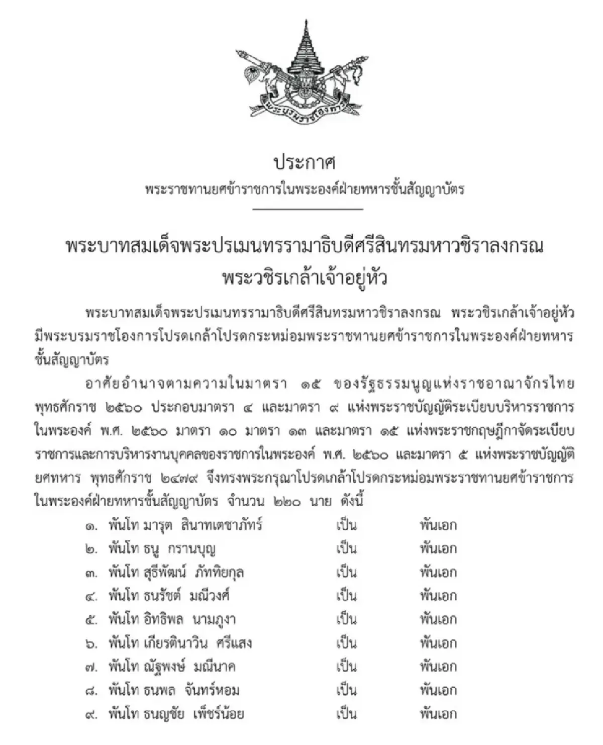 โปรดเกล้าฯ พระราชทานยศข้าราชการในพระองค์ฝ่ายทหารชั้นสัญญาบัตร 220 นาย