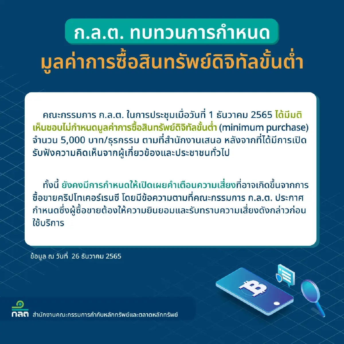 บอร์ด ก.ล.ต. ไฟเขียว ไม่กำหนดมูลค่าการซื้อสินทรัพย์ดิจิทัลขั้นต่ำ 5,000 บาท