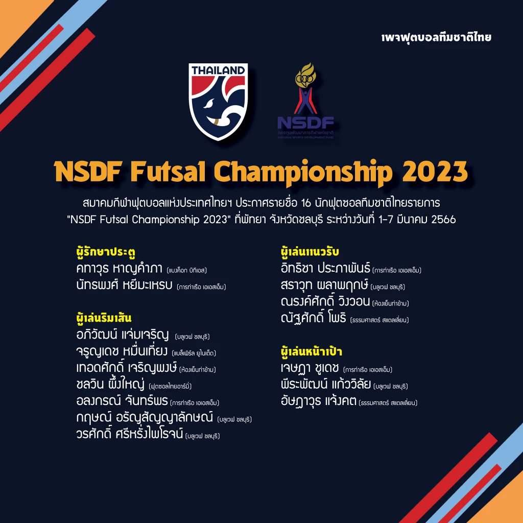 ฟุตซอลทีมชาติไทย ประกาศรายชื่อ  16 แข้ง ลุยศึก 'NSDF Futsal Championship 2023'