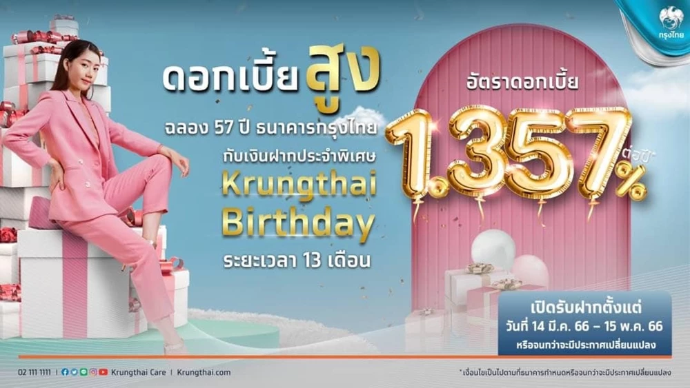 'กรุงไทย' ออกเงินฝาก Krungthai Birthday ระยะเวลา 13 เดือน ดอกเบี้ย 1.357% ต่อปี