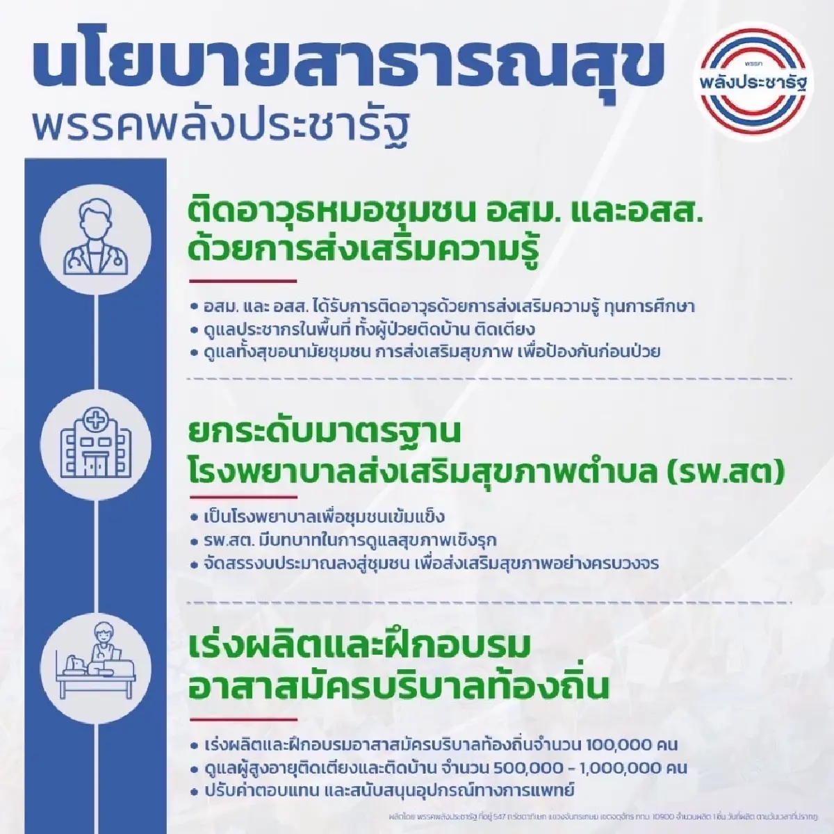 พปชร. ชู ปฏิรูประบบสาธารณสุขครบวงจร ยกระดับเมืองหลวงความมั่นคงด้านสุขภาพ