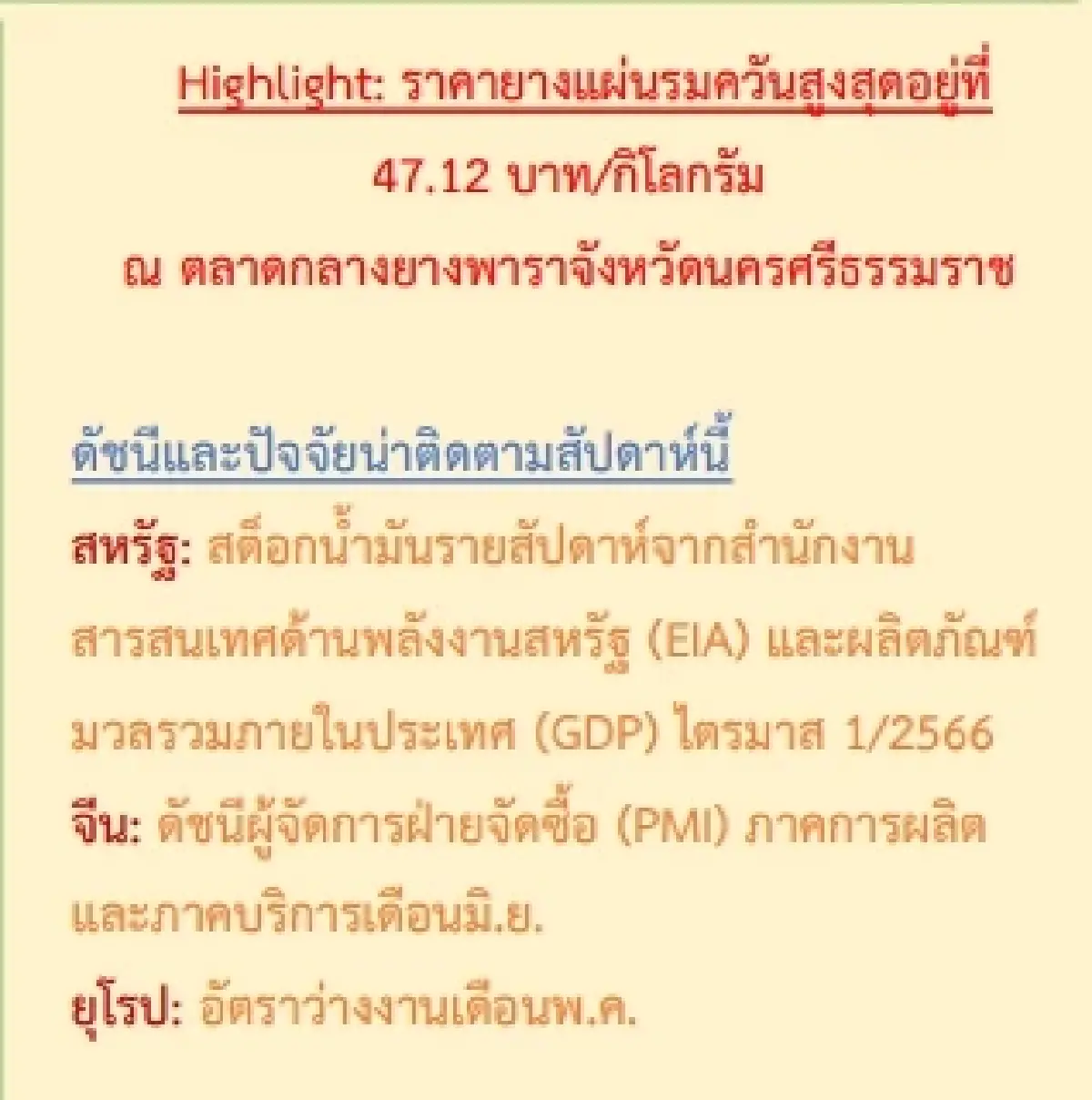 ยางแผ่นดิบ (สุราษฎร์ฯ) 46.69 บวก 0.13 บาท ยางแผ่นรมควัน (สุราษฎร์ฯ) 47.09 ลบ -0.38 บาท