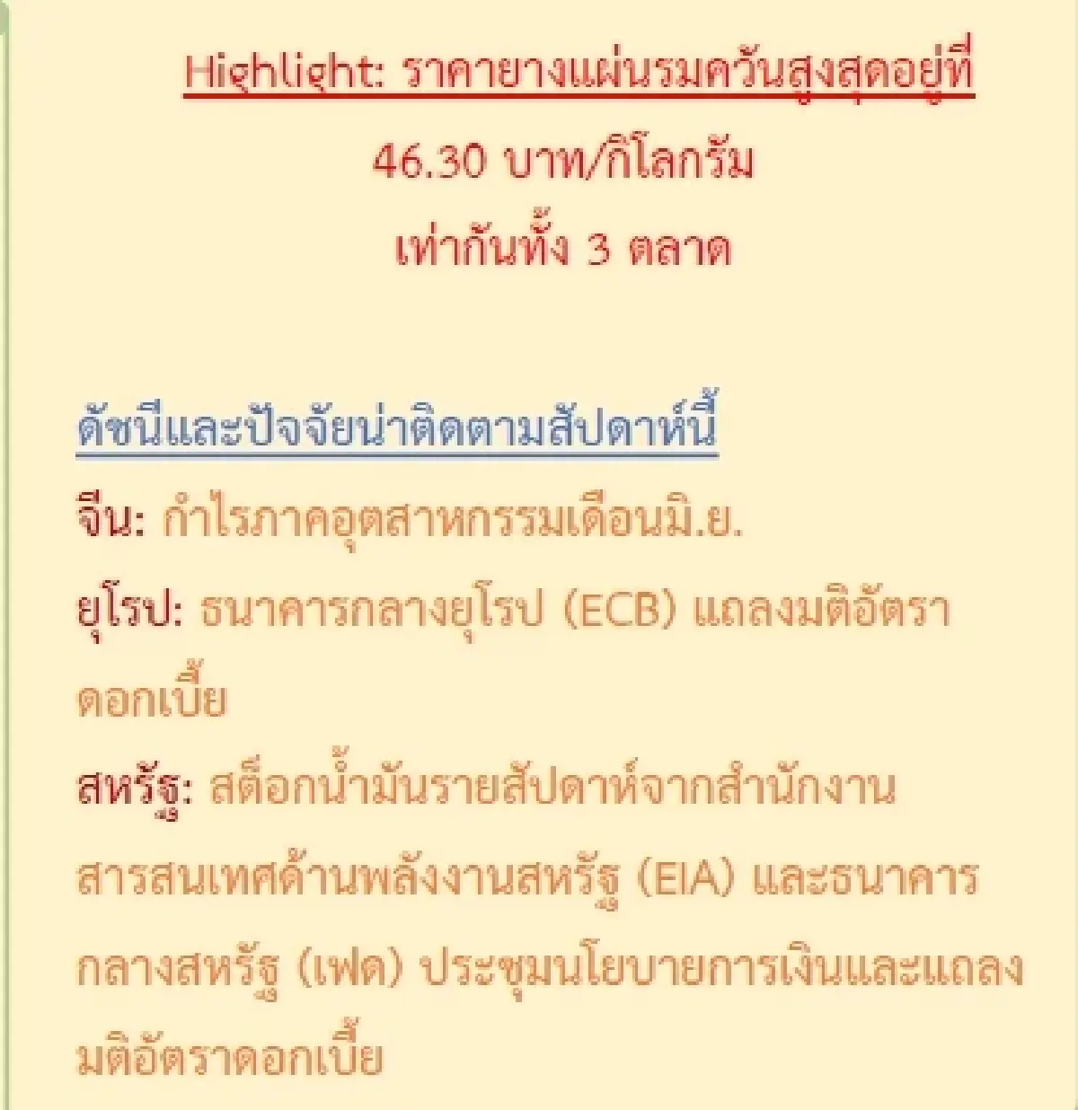ยางแผ่นดิบ (สงขลา) 44.40 ลบ -0.20 บาท ยางแผ่นรมควัน (สงขลา) 46.30 บวก 0.01 บาท