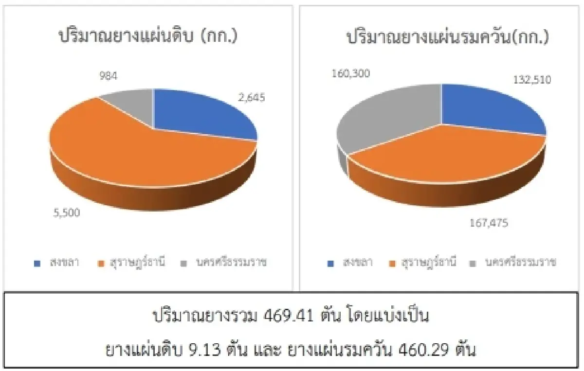 ยางแผ่นดิบ (สงขลา) 46.26 บวก 0.10 บาท ยางแผ่นรมควัน (สงขลา) 47.45 ลบ -0.25 บาท