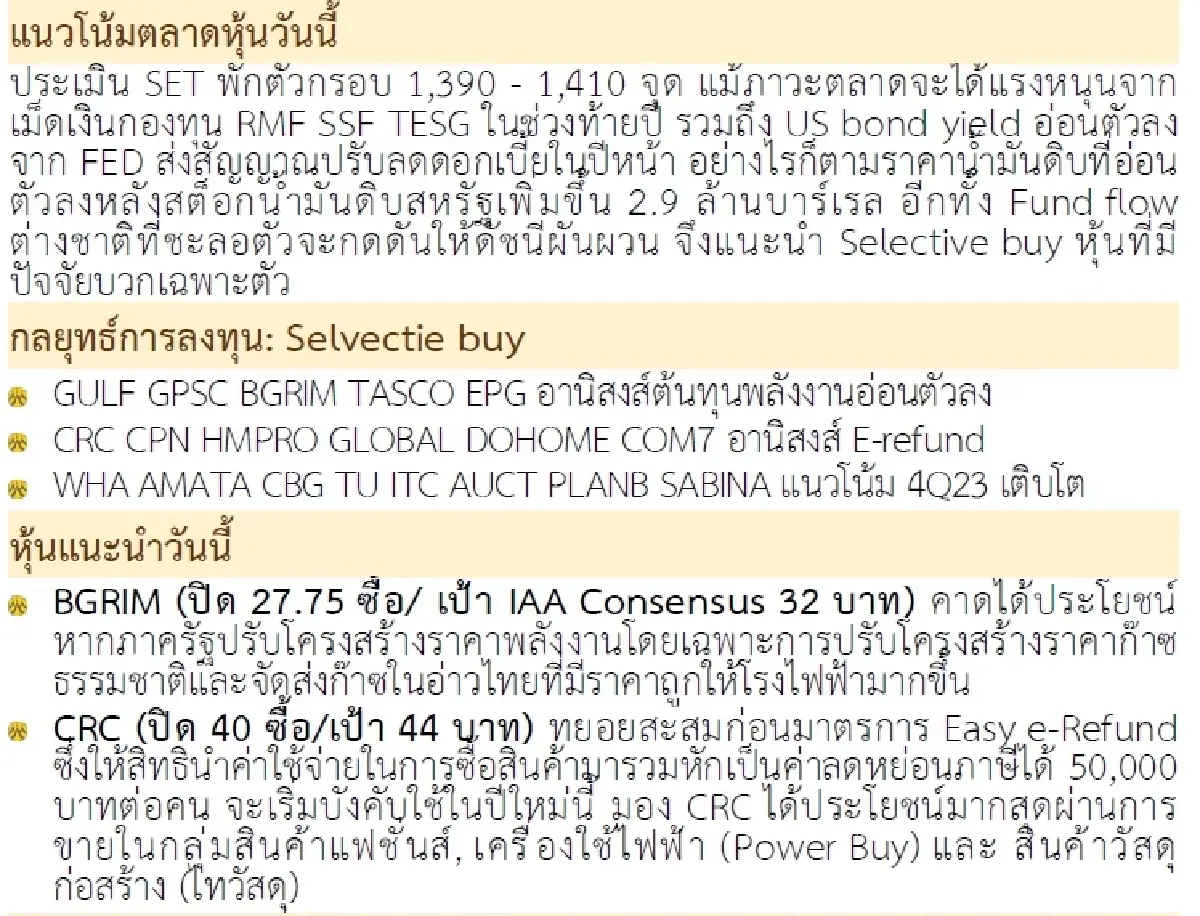 วิเคราะห์แนวโน้มตลาด : บล.กรุงศรี โฟกัสรายตัว
