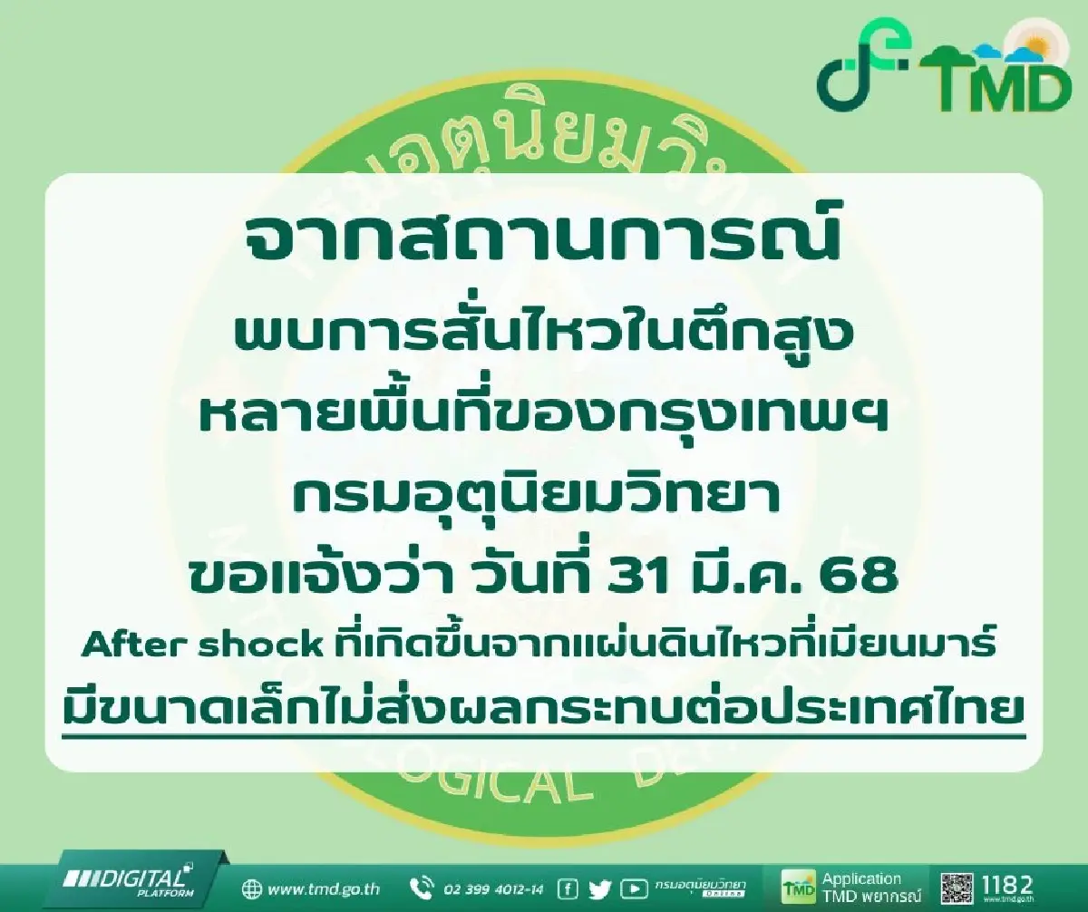 กรมอุตุ ประกาศอาฟเตอร์ช็อก ทำให้ตึกสูง กทม. รับรู้แรงสั่นสะเทือน