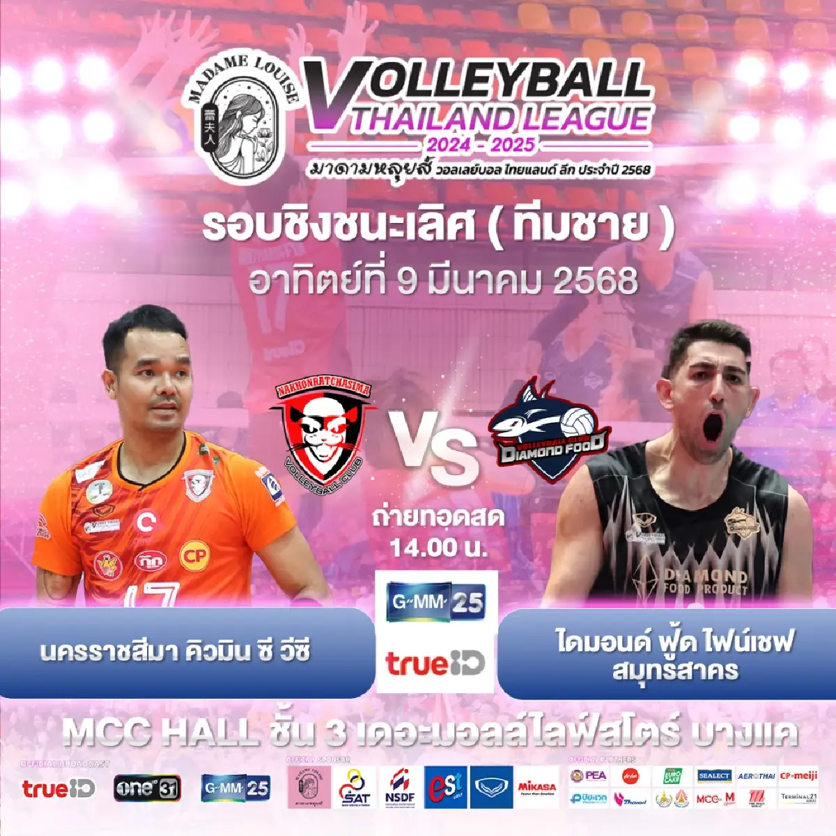 ดูวอลเลย์บอลสด 'นครราชสีมา พบ สมุทรสาคร' นัดชิงไทยแลนด์ลีก ทีมชาย