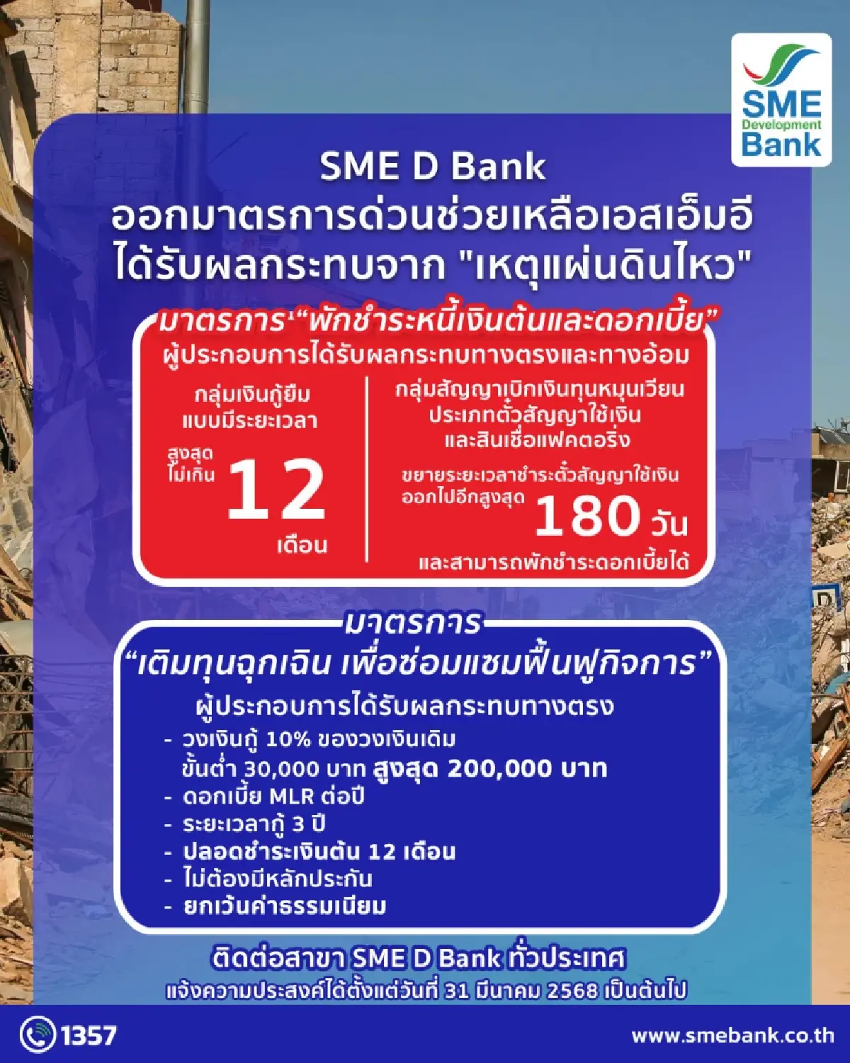 SME D Bank ออกมาตรการด่วน พักหนี้-ดอกเบี้ย บรรเทาเหตุแผ่นดินไหว